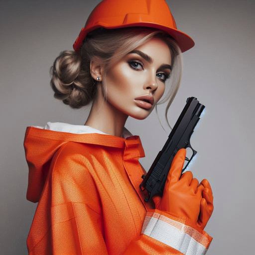 woman dressed in high vis PPE with a handgun