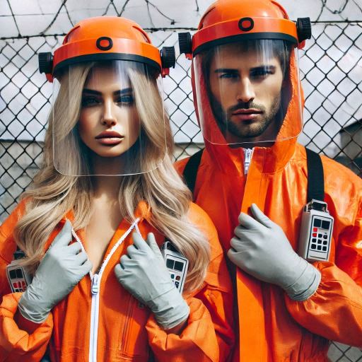 a woman and a man in PPE including faceshields outside a substation fence