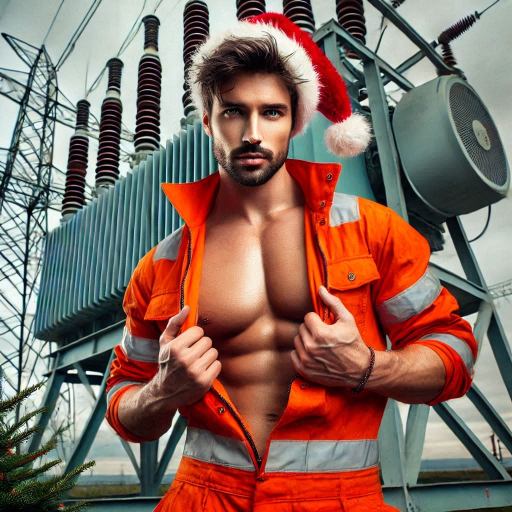 a substation worker his his PPE unbuttoned exposing his six pack. He is also wearing a Santa hat.